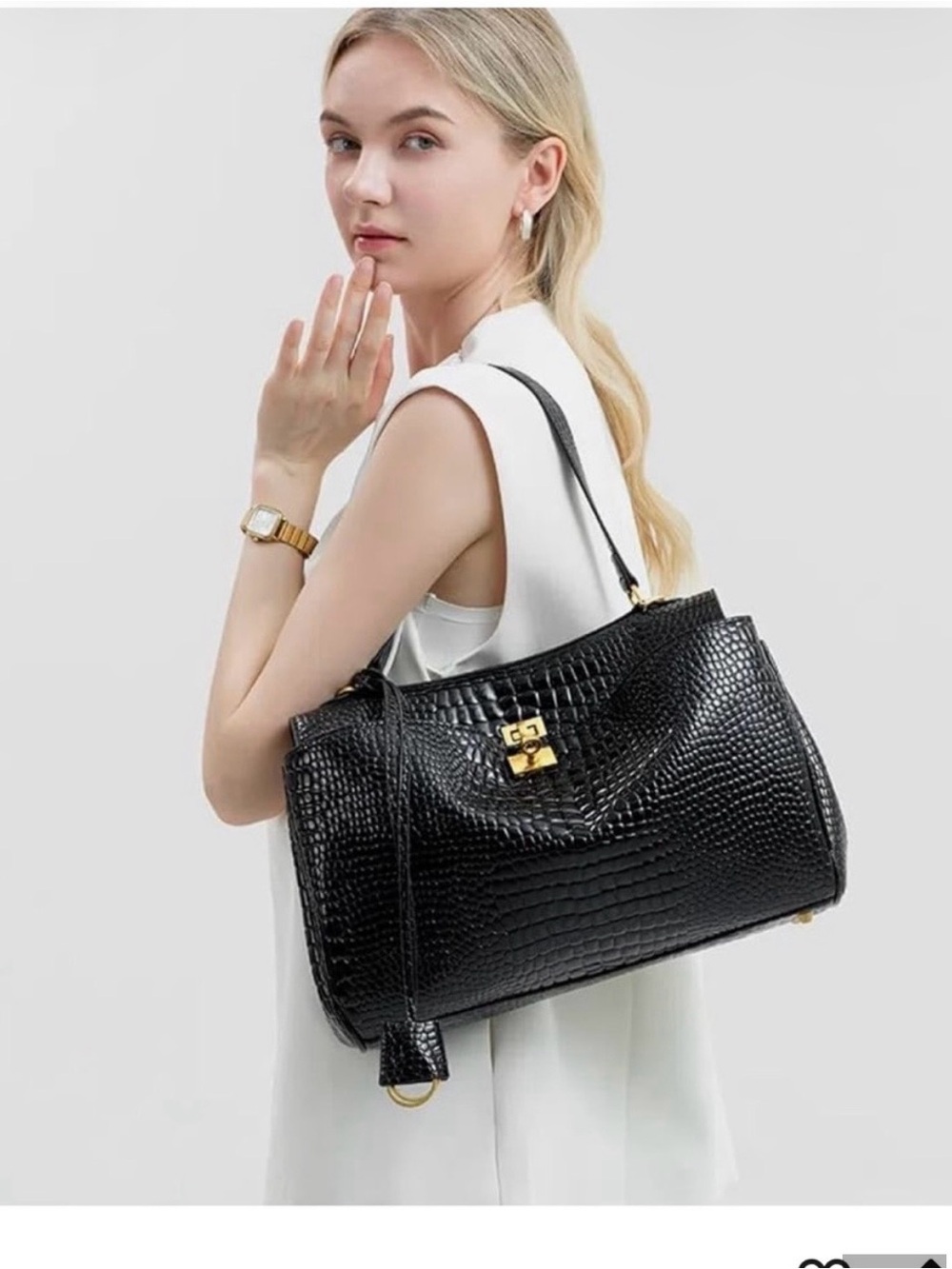 Classic Black Croc-Embossed Top-Handle Bag